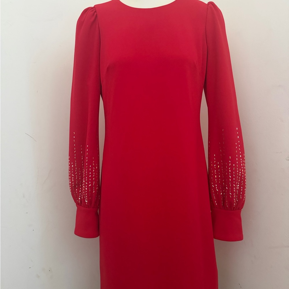 Calvin Klein Red Long Sleeve Dress with Embellished Cuffs
